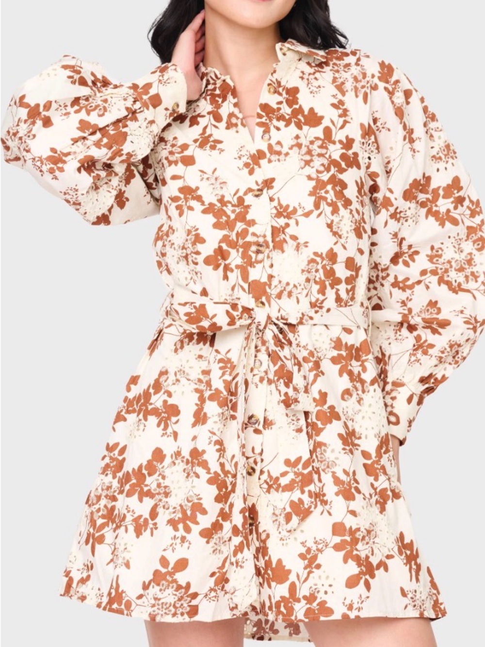 En Saison Cream Floral Tie-Waist dress with Brown Print